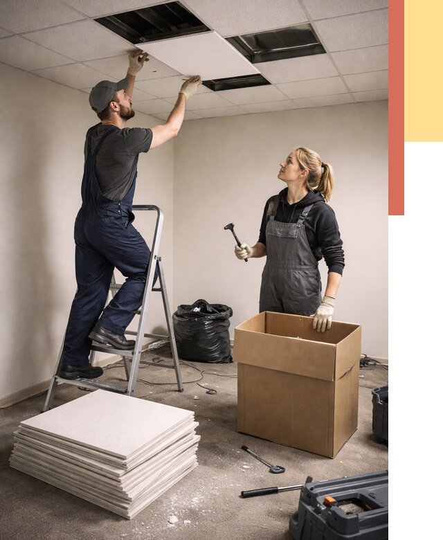 Демонтаж потолочной плитки в Великом Новгороде от 4604 руб. быстро и недорого | ОТДЕЛОЧНИК-Влк