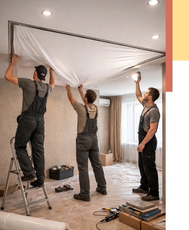 Монтаж ПВХ натяжного потолка в Великом Новгороде от 3581 руб. под ключ | ОТДЕЛОЧНИК-Влк