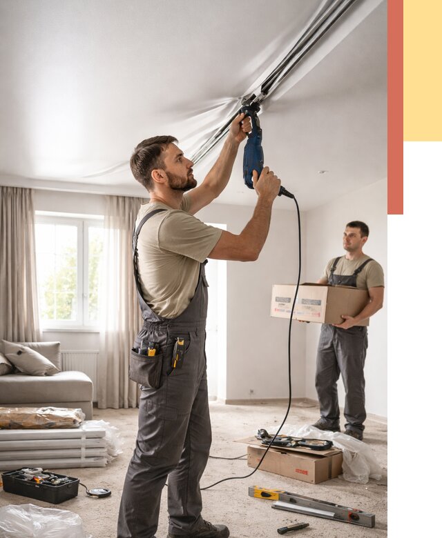 Монтаж сатинового натяжного потолка в Великом Новгороде от 3581 руб. | Быстро, недорого — ОТДЕЛОЧНИК-Влк