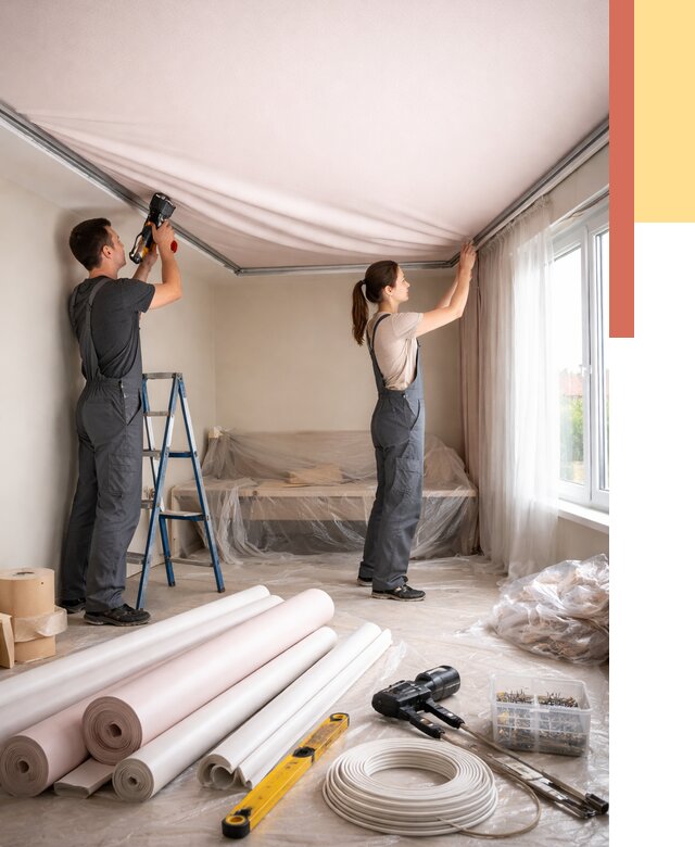 Монтаж цветного натяжного потолка в Великом Новгороде от 4297 руб/м² — быстро и недорого | ОТДЕЛОЧНИК-Влк