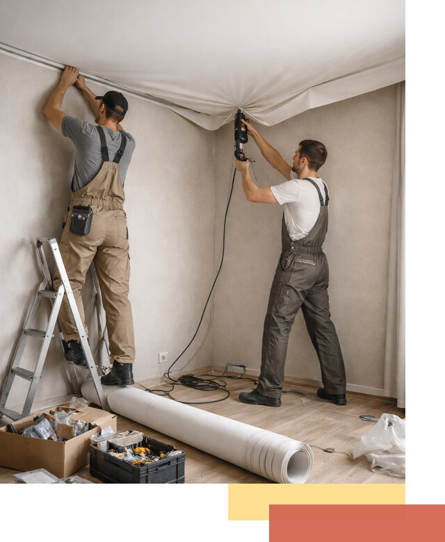 Монтаж цветного натяжного потолка в Великом Новгороде за один день