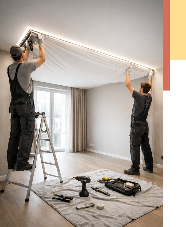 Монтаж парящего натяжного потолка в Великом Новгороде от 4604 руб. быстро и недорого | ОТДЕЛОЧНИК-Влк