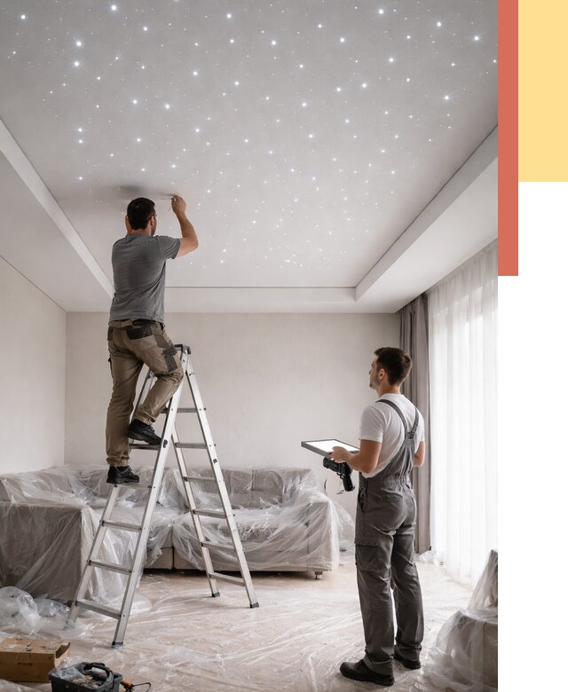 Монтаж натяжного потолка «звездное небо» в Великом Новгороде от 6650 руб. | ОТДЕЛОЧНИК-Влк