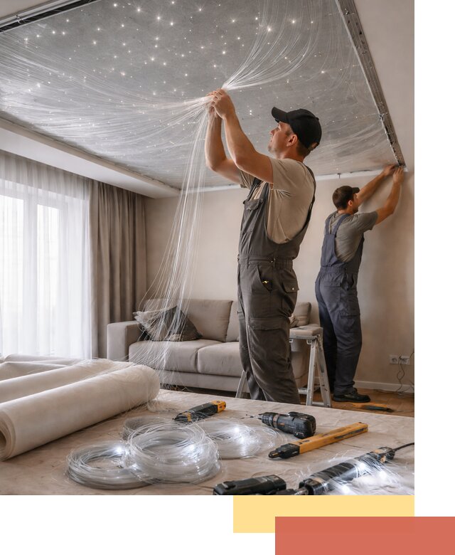 Монтаж натяжного потолка «Звездное небо» в Великом Новгороде