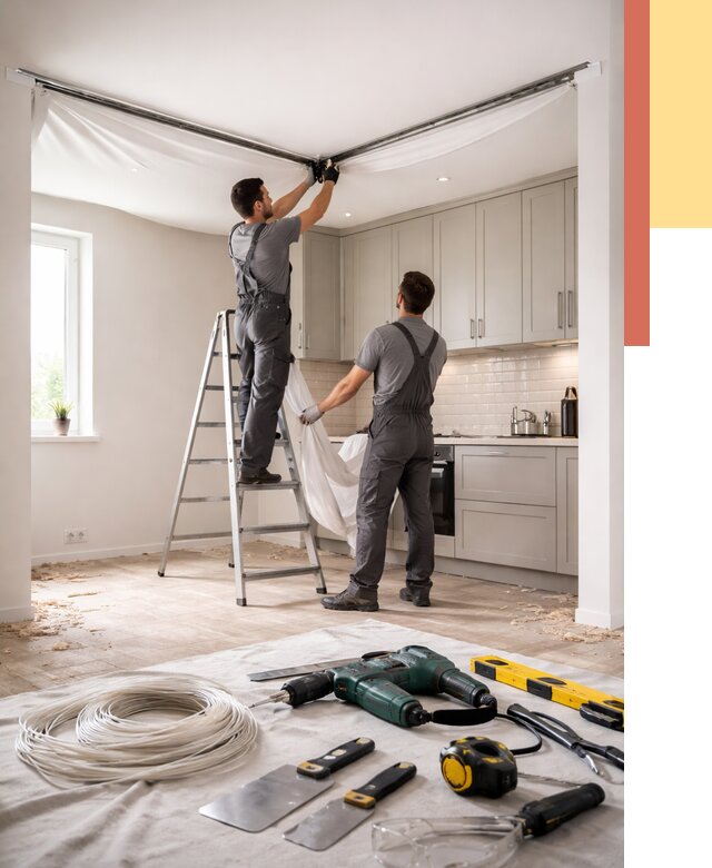 Установка натяжного потолка на кухне в Великом Новгороде от 2455 руб. | ОТДЕЛОЧНИК-Влк