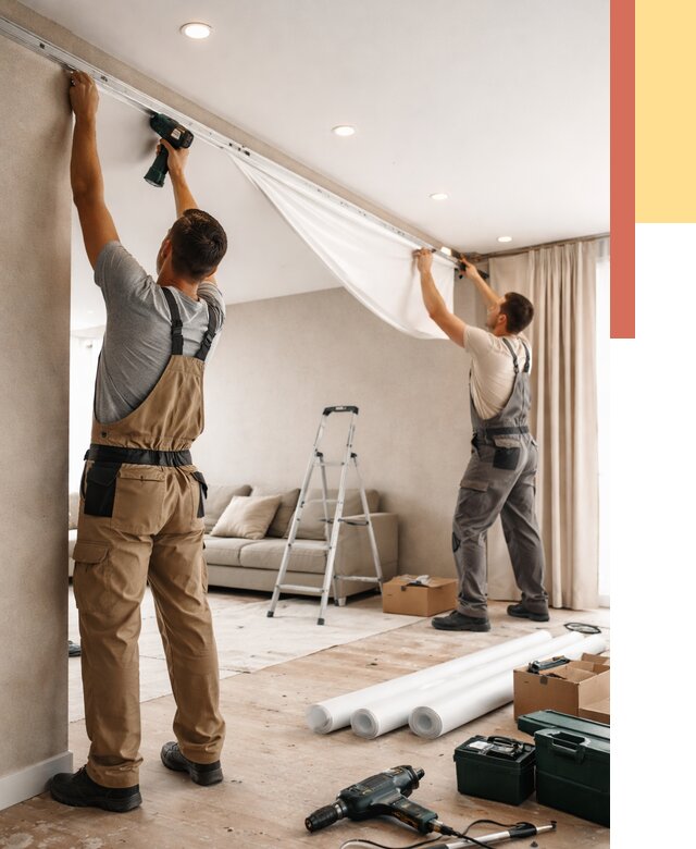 Монтаж натяжного потолка в гостиной в Великом Новгороде от 563 руб. | ОТДЕЛОЧНИК-Влк