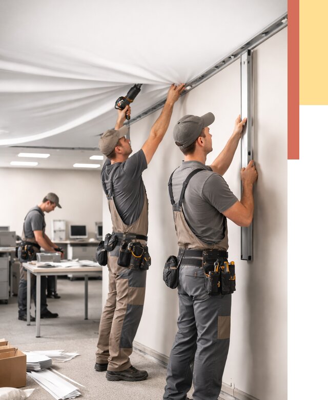 Монтаж натяжного потолка в офисе в Великом Новгороде от 460 руб/м² — быстро и недорого | ОТДЕЛОЧНИК-Влк