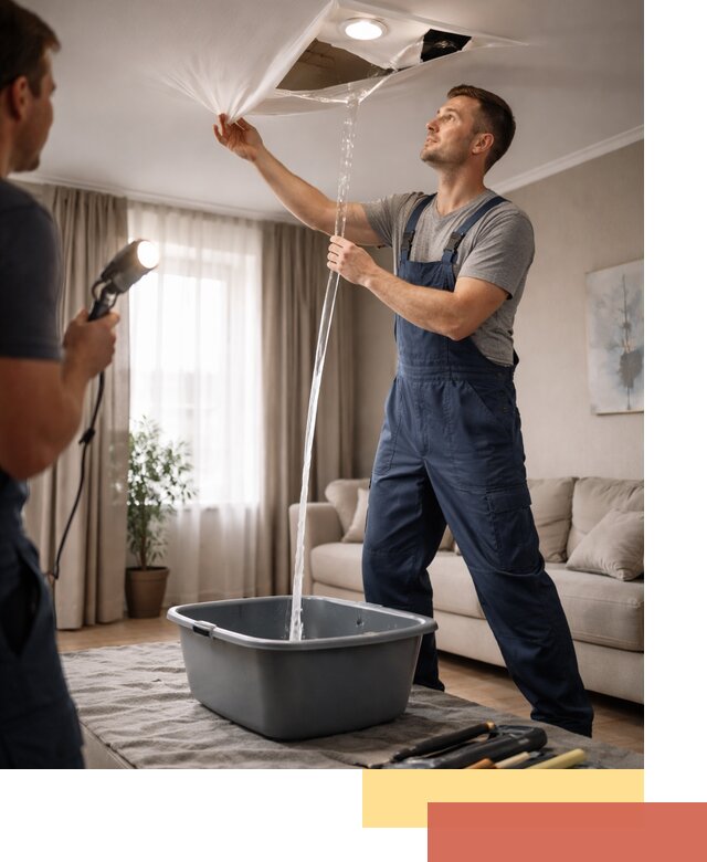 Слив воды с натяжного потолка в Великом Новгороде быстро и аккуратно