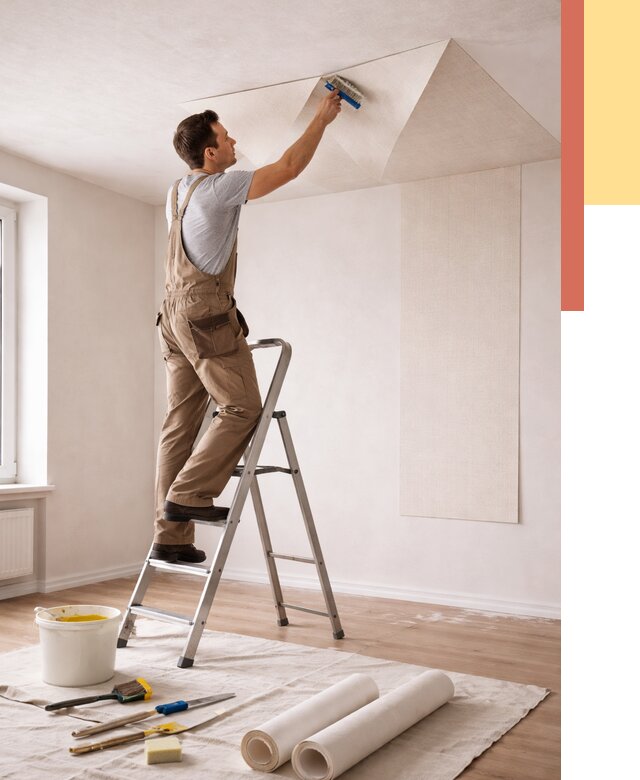 Поклейка обоев на потолок в Великом Новгороде от 4604 руб. быстро и недорого | ОТДЕЛОЧНИК-Влк